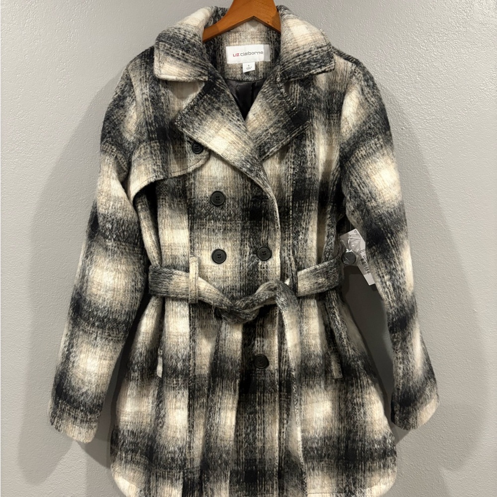 Liz Claiborne Black and White Plaid Pea Coat